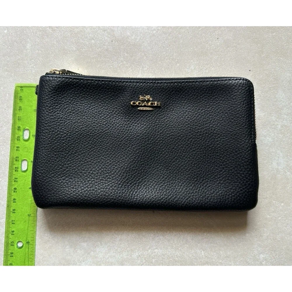 Coach Black Double Zip Wallet Black Pebble Leather with Gold Hardware